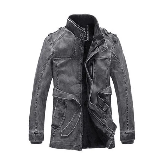 Men'S Retro Original Uniform Denim Jacket Thick Velvet Mandarin Collar Military Jacket Plus Size