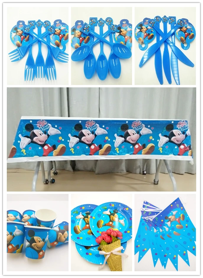 

52pcs/set Mickey Mouse Theme Birthday Party Decoration Paper Plate Cup Tablecloth Flag Knife Fork Spoon For Kids Party Favors