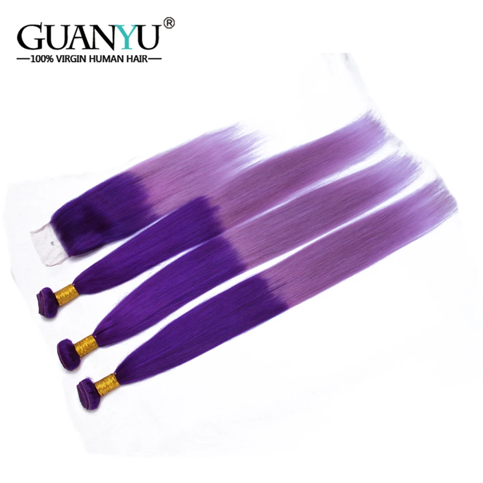 Guanyuhair светло-фиолетовый перуанский Ombre Hair 3 Связки с 4X4 кружева застежка фиолетовый цвет прямо Реми натуральные волосы ткет