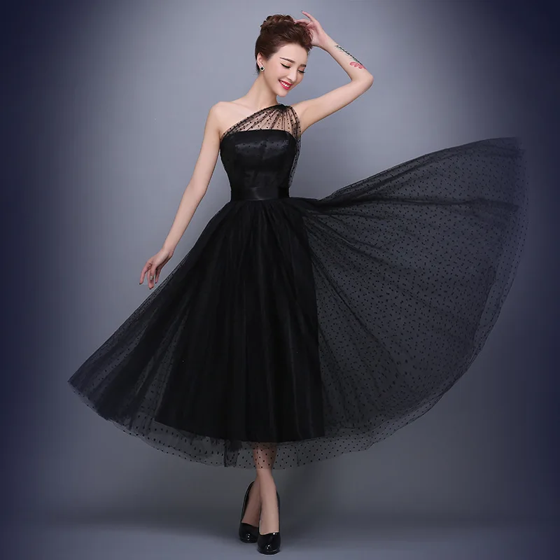 black tulle tea length dress
