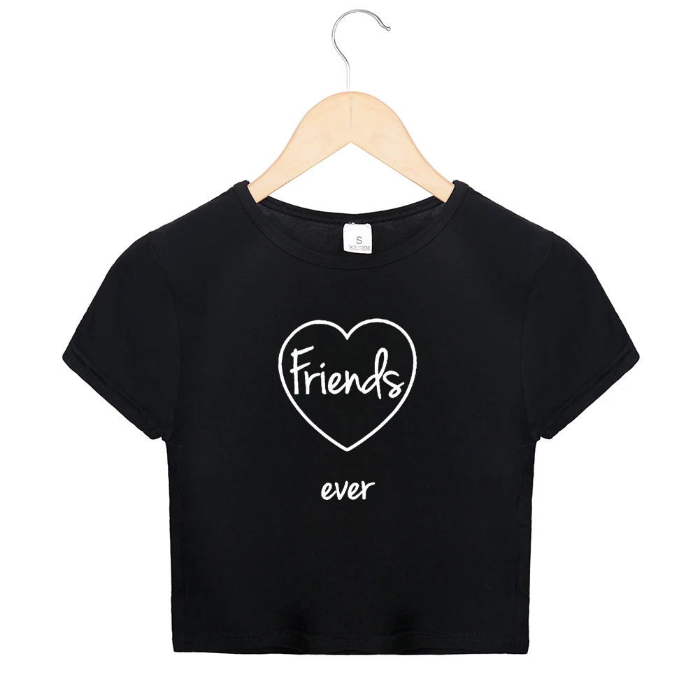 Топ с надписью "Best Friends Forever Funny", Обрезанные женские футболки, модная футболка «BFF» для девочек, Женская хлопковая Футболка Sisters Femme Kawaii - Цвет: Black-white   2
