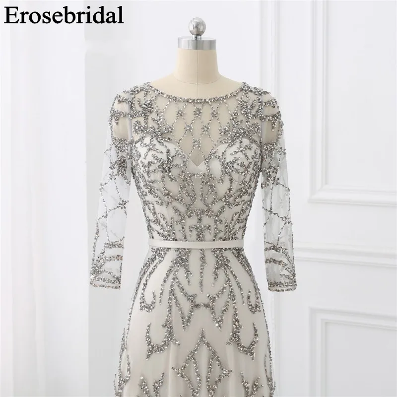 Elegant Evening Dress Long 2019 Long Sleeve Robe Soiree Long Formal Dresses Evening Gown Red/Navy/Grey Luxury Beaded