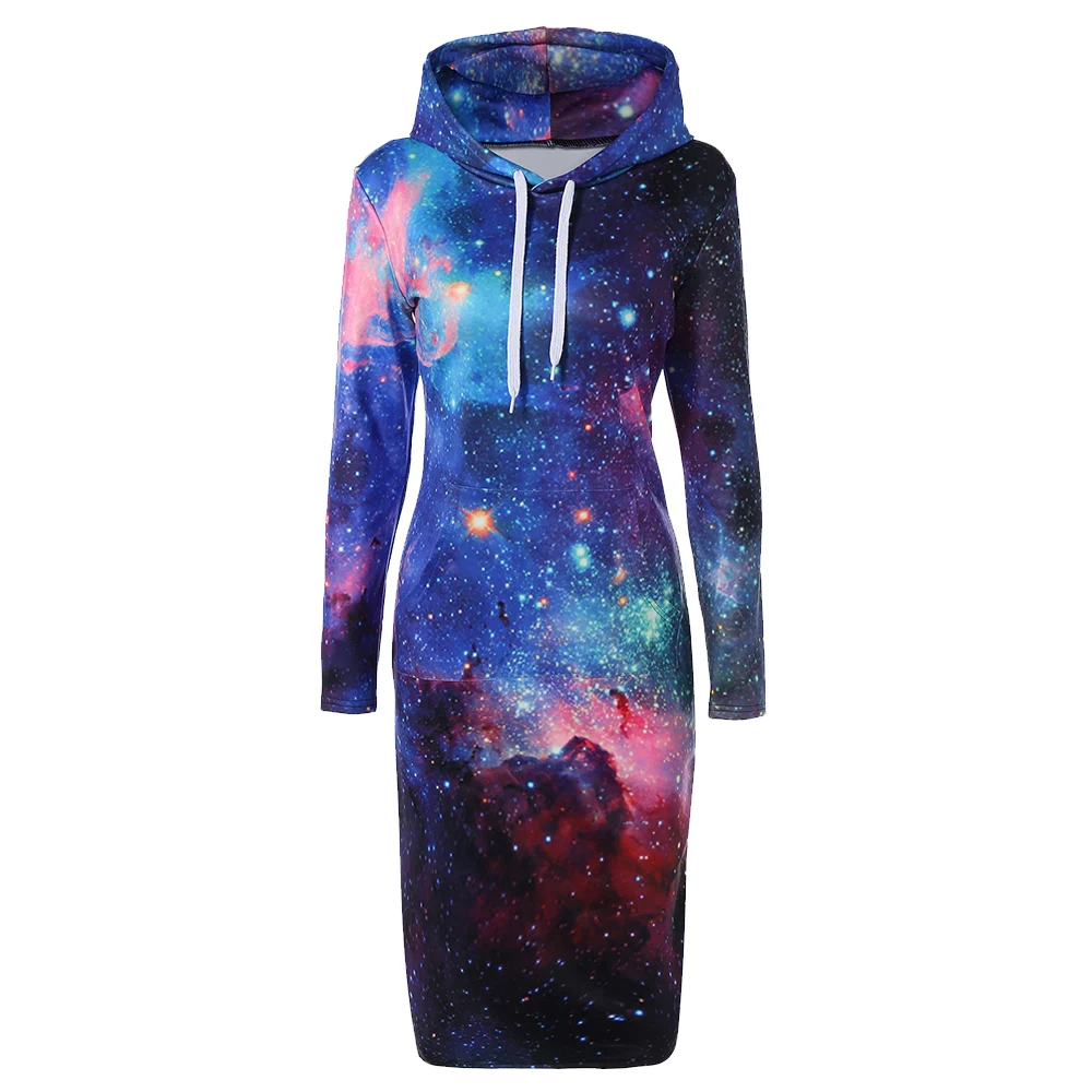 

3D Print Hooded Hoodies Women Dresses Star Long-Sleeve Hooded Dress Women Pullover Tracksuit Hoodies Dress Female Casualoe Vstid
