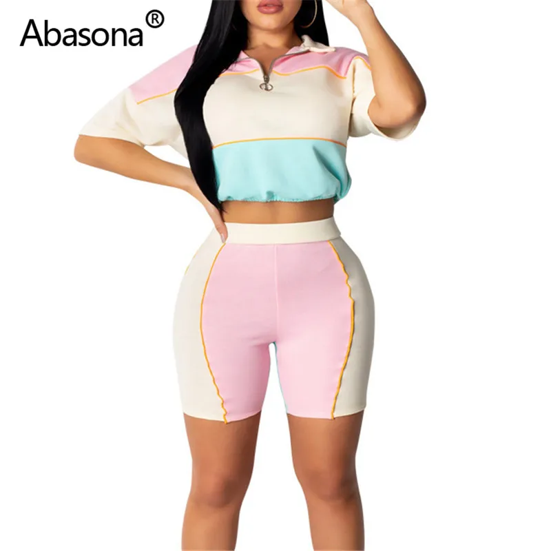 Abasona/модный топ с коротким рукавом и молнией в стиле пэчворк, штаны до колена с эластичной резинкой на талии, уличная одежда, женская одежда