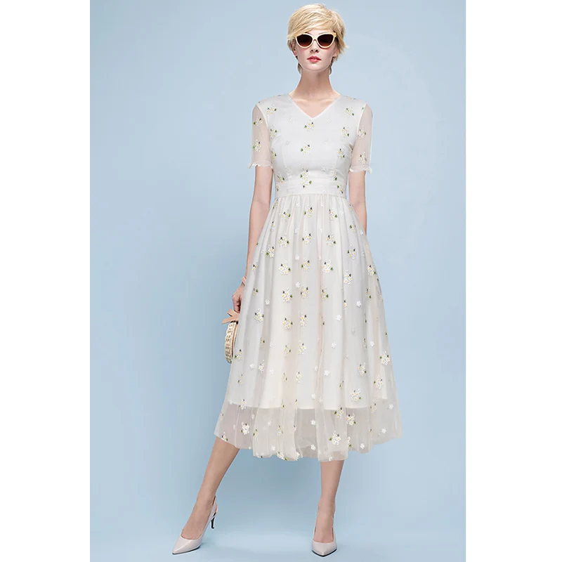 spring girl beach floral dresses daisy flowers white mesh embroidery