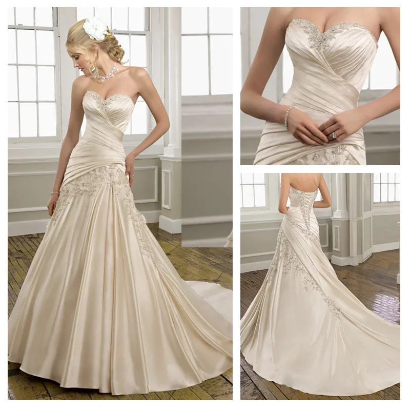 

New Arrival Bride Dress Sweetheart A-line Wedding Dress Satin with Appliques Pleated and Crystals Chapel Train vestido de noiva