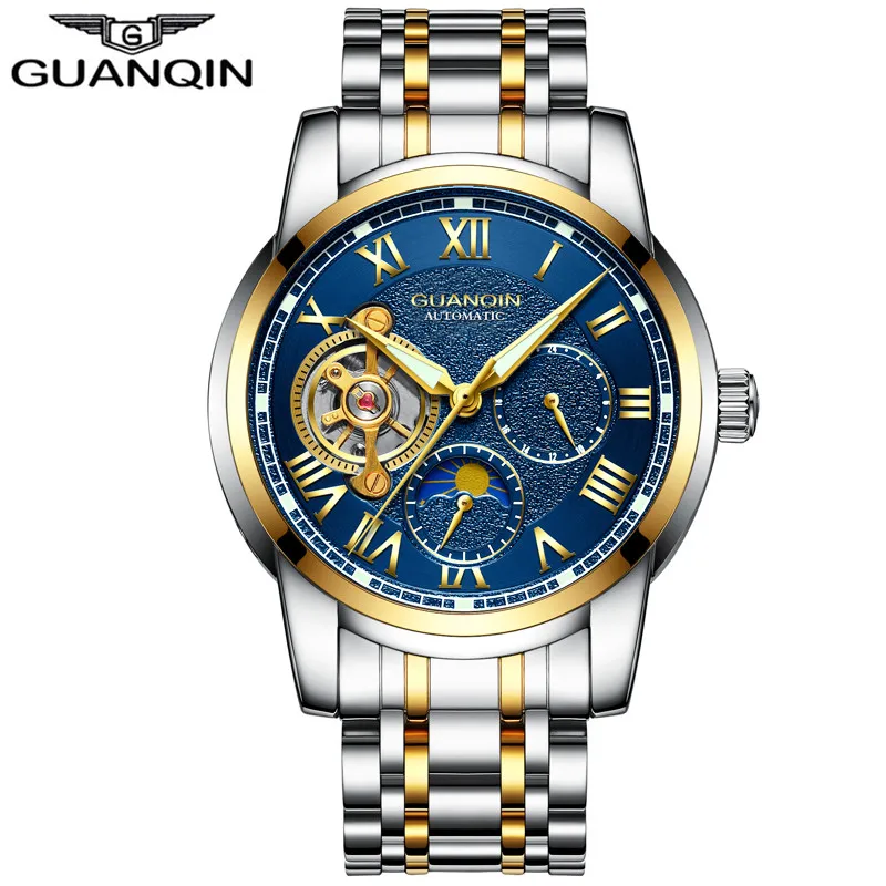 Relogio masculino GUANQIN брендовые роскошные часы с каркасом Турбийон мужские спортивные полностью стальные водонепроницаемые автоматические механические наручные часы - Цвет: Gold Blue Steel