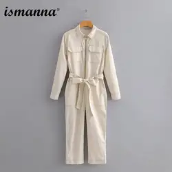 Ismanna 2018 для женщин модные однотонные с длинным рукавом Комбинезоны для галстук бабочка карман Высокая талия комбинезоны