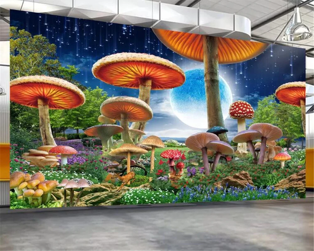 

Beibehang Modern Photo Wallpaper Mural Painting Fairytale world mushroom under night Children's room background 3d wallpaper