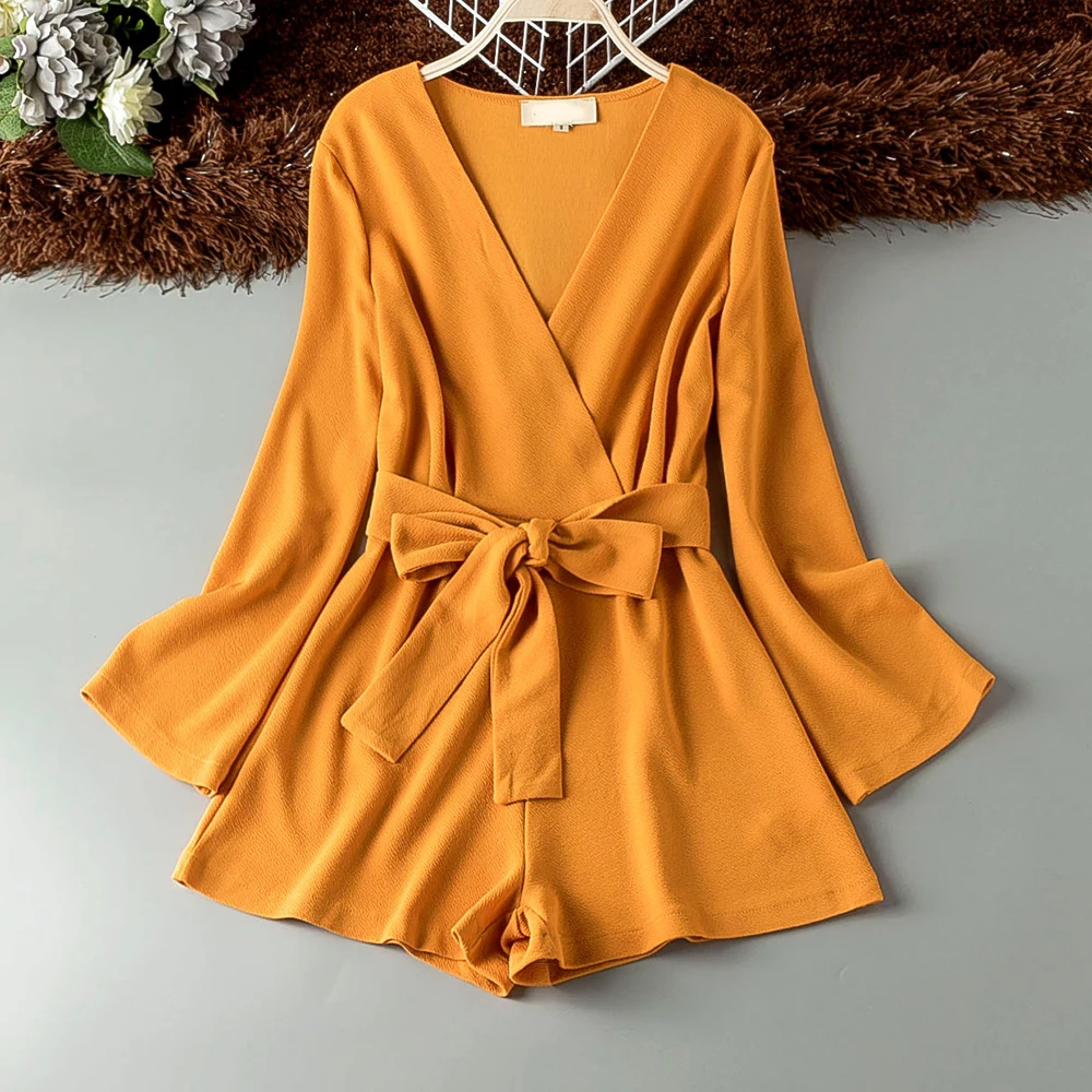 

Long Sleeve Solid playsuits Women Twill Red Black Yellow Belt Slim Short Jumpsuit For Woman Stylish Office Lady Good Playsuits