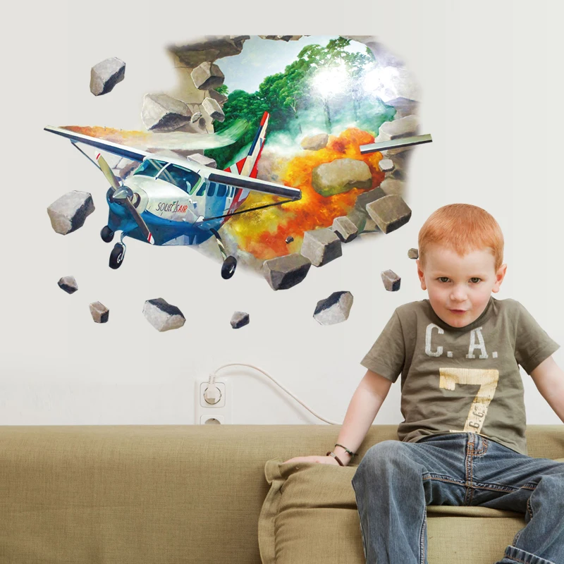 

3D broken airplane wall stickers for kids rooms removable cute nursery wall decals adhesive cartoon children wall stikers