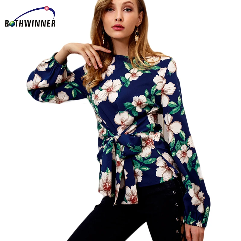 Floral Imprimé Élégant Tops Chemisier Blusa Automne Harajuku O De Longues Feminina À Blue Nouveau Travail 2018 Vêtements Et Blouse Cou Manches white Femmes wIqdUC4