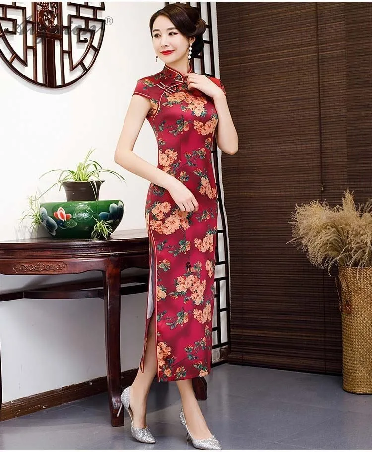 Китайское традиционное платье Qipao ретро печати с длинным Cheongsam Китай Femme Тонкий платья Женская Роба в восточном стиле элегантное вечернее