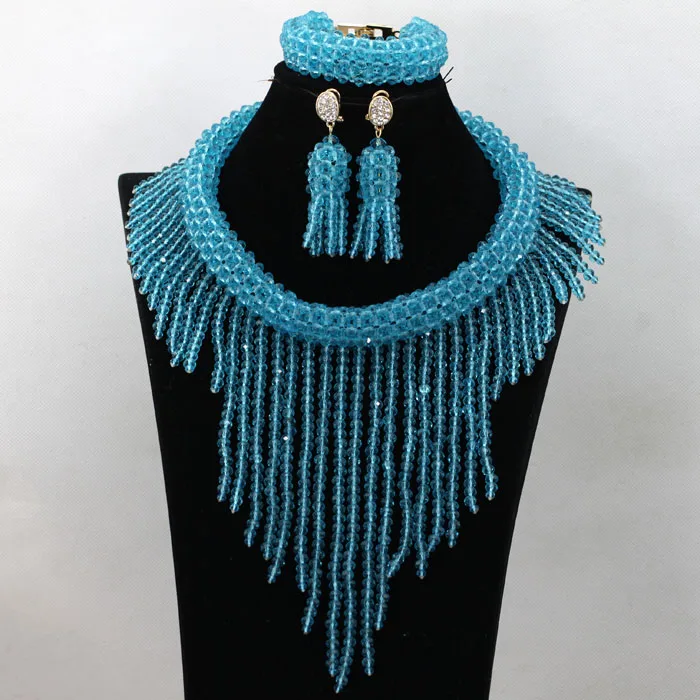 

Beautiful Blue African Wedding Bib Statement Necklace Set Indian Bridal Costume Jewelry Set for Women Free Ship QW492