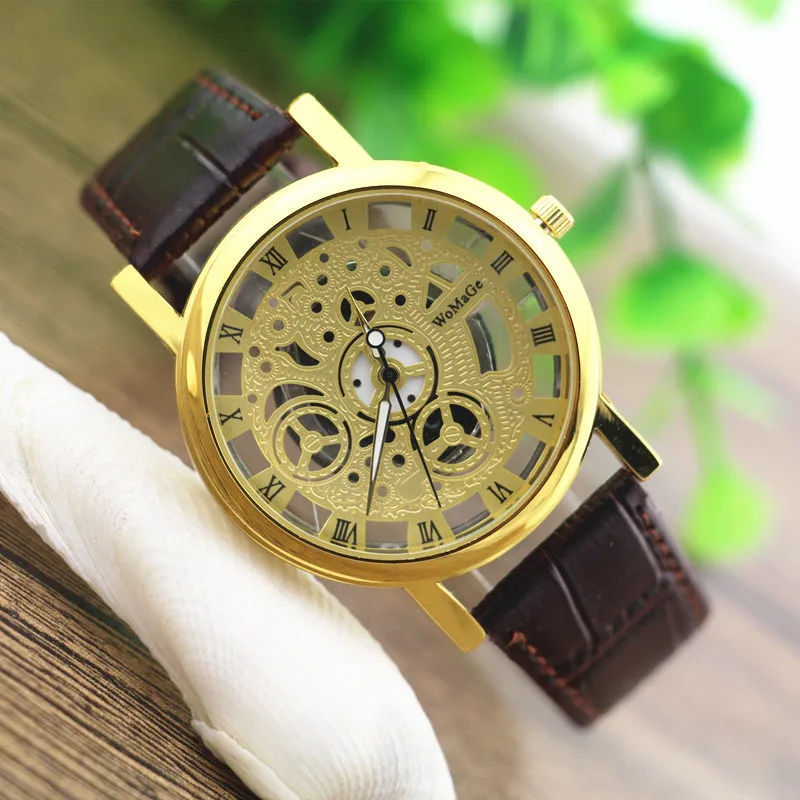 

Free shipping!High quality leather band,black plating round case,skeleton style design,womage fashion man quartz watches