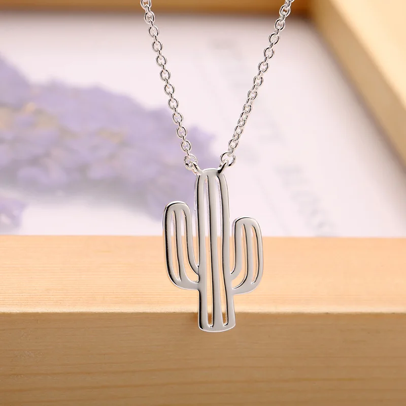 

2019 Fashion Jewelry 925 Sterling Silver Cactus Necklaces Pendants For Women Long Chain Necklaces Collar Mujer Collares