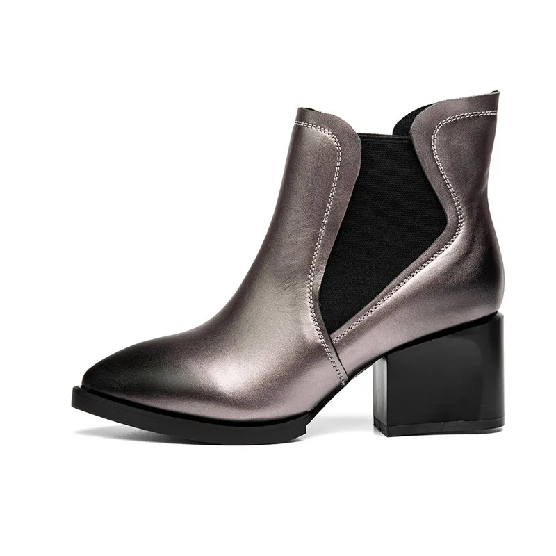 

Spring/Autumn  ankle boots heel height  6cm Pointed Toe Elastic band Full Grain Leather square high heels boot  Plain