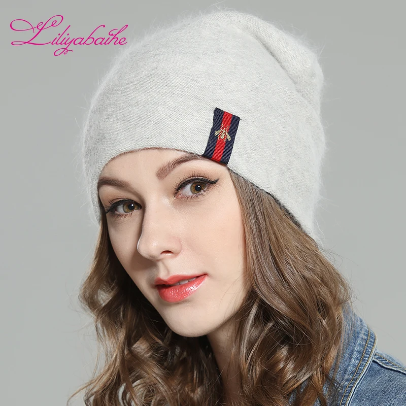 Kopen LILIYABAIHE Vrouwen Herfst En Winter Muts angora Gebreide Skullies Mutsen Cap Sexy baard diamant decoratie hoeden voor Meisjes