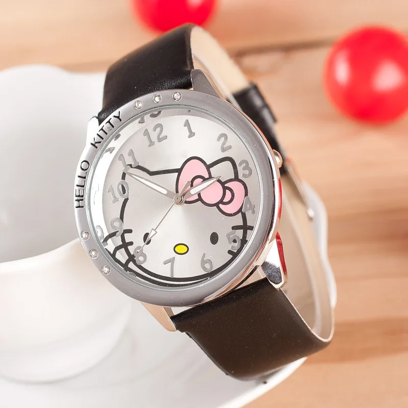 Новые детские часы hello kitty для девочек, кварцевые детские часы с кожаным ремешком, детские часы для девочек с героями мультфильмов, Feminino Relojes Relogio - Цвет: Black