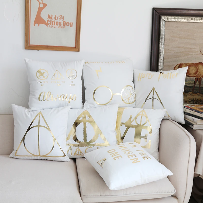 

Harry Potter Bronzing Pillow For Home Decoration Waist Cushion Cover Hogwarts Death Geometrics Sign Movie Poster Pillow Cases