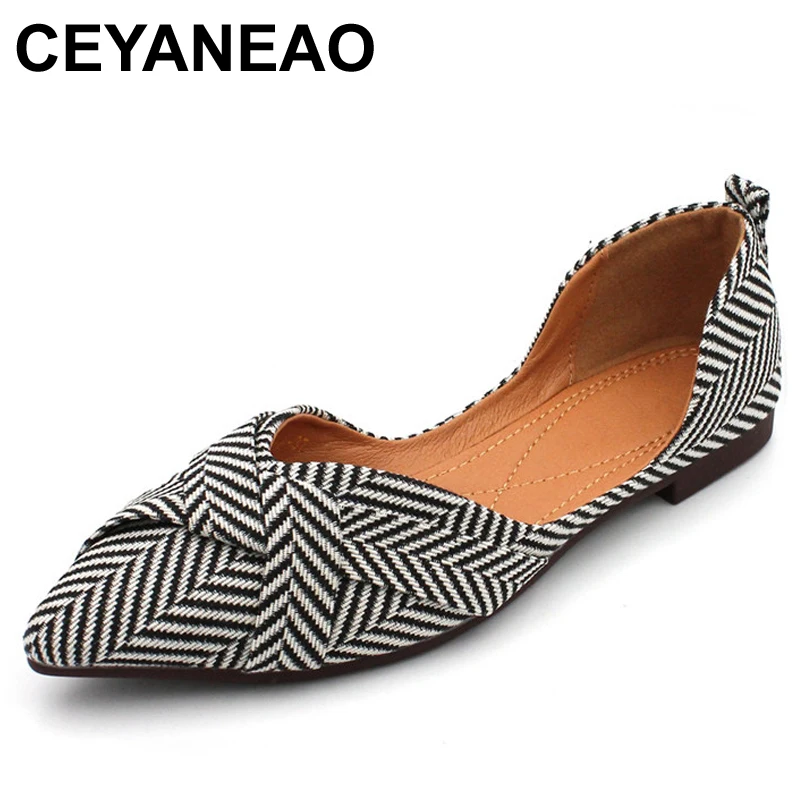 

CEYANEAO Women's shoes without heels new striped waterproof moccasins on a flat sole with a sharp closed toe pointed toe