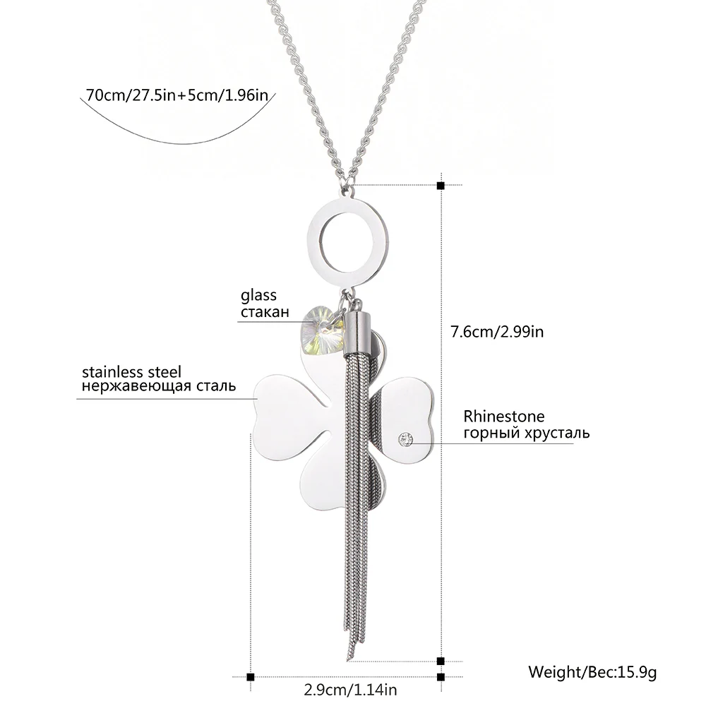 Ожерелье из нержавеющей стали с длинной кисточкой и подвеской в виде клевера для женщин, новое модное ювелирное изделие, хрустальные подвески, ожерелье на удачу, трендовые аксессуары