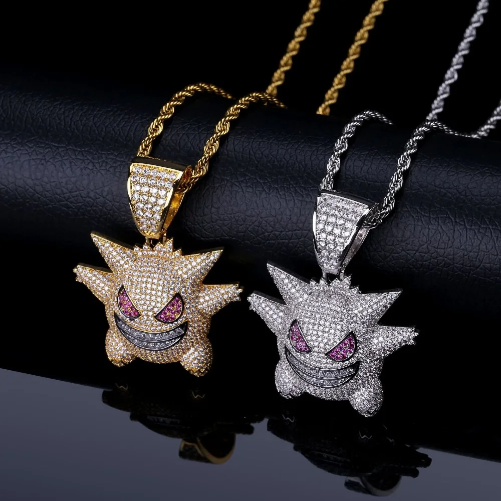 

Hip Hop Jewelry Mask Gengar Necklaces New Arrival Pokemon Pendant Cubic Zircon Copper Necklace Iced Out Chain Mens Jewelry Gift