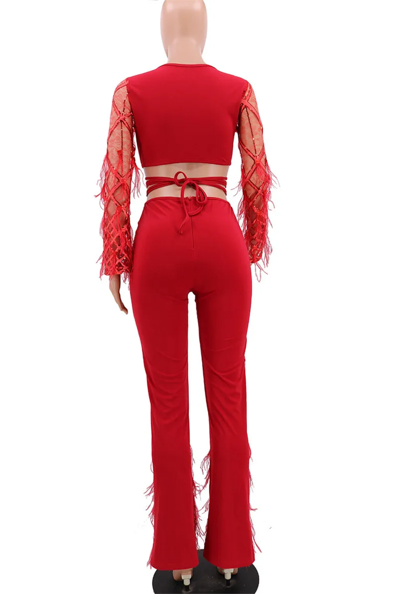 Women's Sexy Clubwear Two Piece Set - Adogirl Feather Lace Sequins Sheer Mesh Deep V Neck Bell Sleeve Lace Up Crop Top and Flare Pants Outfit image 6