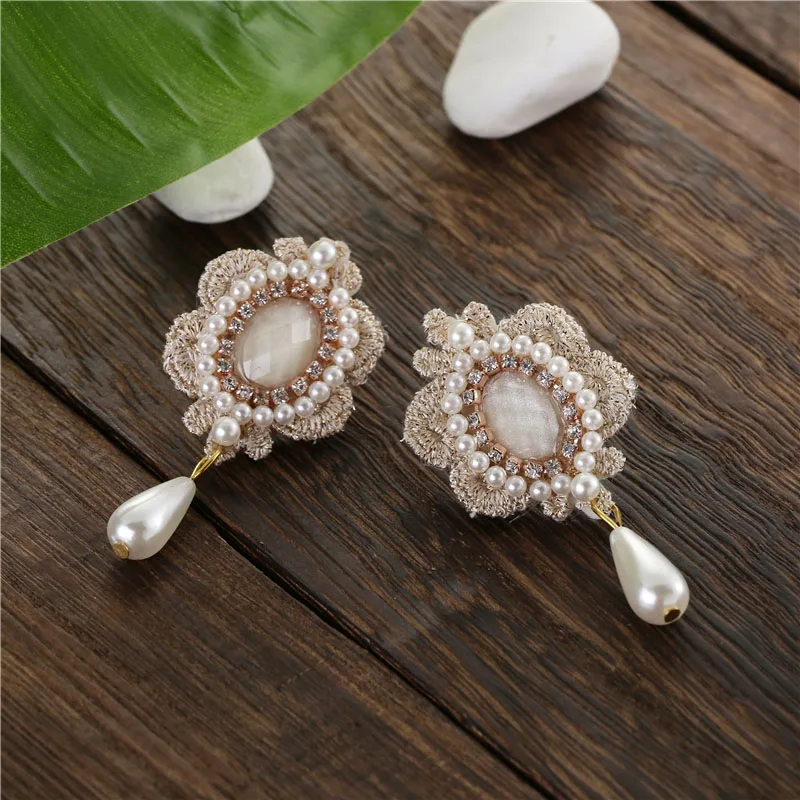 TDQUEEN Dangle Drop Earrings Rhinestones Wedding Women Fashion Earrings Simulated Pearl French Lace Fabric Dangling Earring (4)