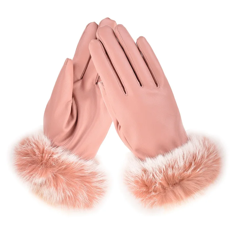 XUANSHOW, кожаные перчатки с сенсорным экраном, женские, кроличья шерсть, на запястье, рот, Осень-зима, сохраняют тепло внутри, коралловый флис, плотные перчатки