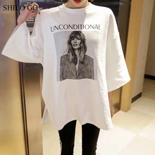 Портретный принт белая футболка женская летняя с расклешенными рукавами Повседневная Свободная рубашка с круглым вырезом хлопок сторона открытый вверх Новинка