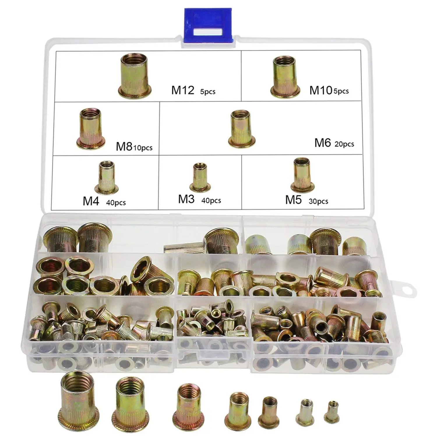 

150PCS Hot Sale Plated Carbon Steel Rivet Nut M3 M4 M5 M6 M8 M10 M12 Flat Head Threaded Insert Rivet Nutsert Tool Cap Assortment