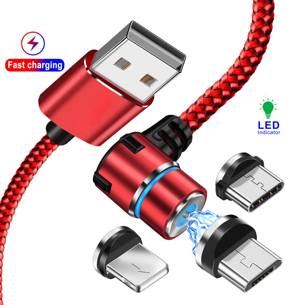 5А Магнитный зарядный USB кабель 90 градусов L type C Micro для освещения IPhone 7 8 X нейлоновая оплетка для XIAOMI samsung S9 3 в 1