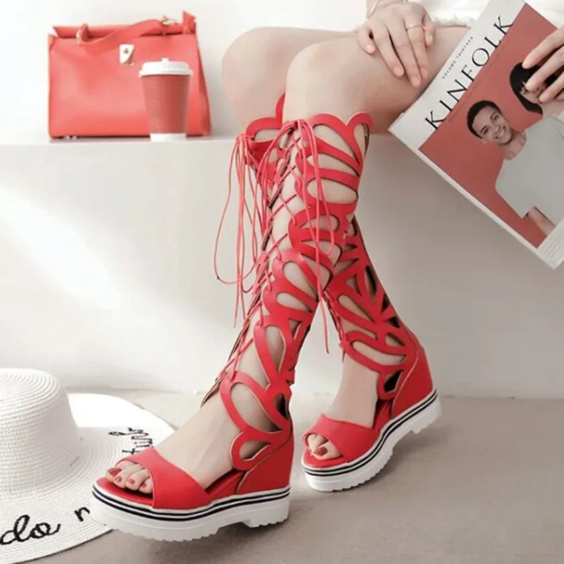 Новые летние модные римские сапоги на высоком каблуке с открытым носком, толстая подошва с наклоном, сапоги на холодную погоду, высокие женские сандалии-трубы с ремешком - Цвет: 2