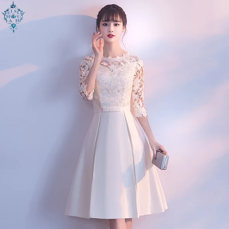 

Ameision White Short Evening Dresses With Half Sleeves 2019 New Elegant O-neck Simple Satin Women Evening Gown Plus Size