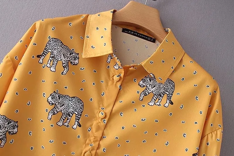 VOGUEIN Новая Женская мода Повседневная леопардовая печать с длинным рукавом желтая блузка рубашка Топы