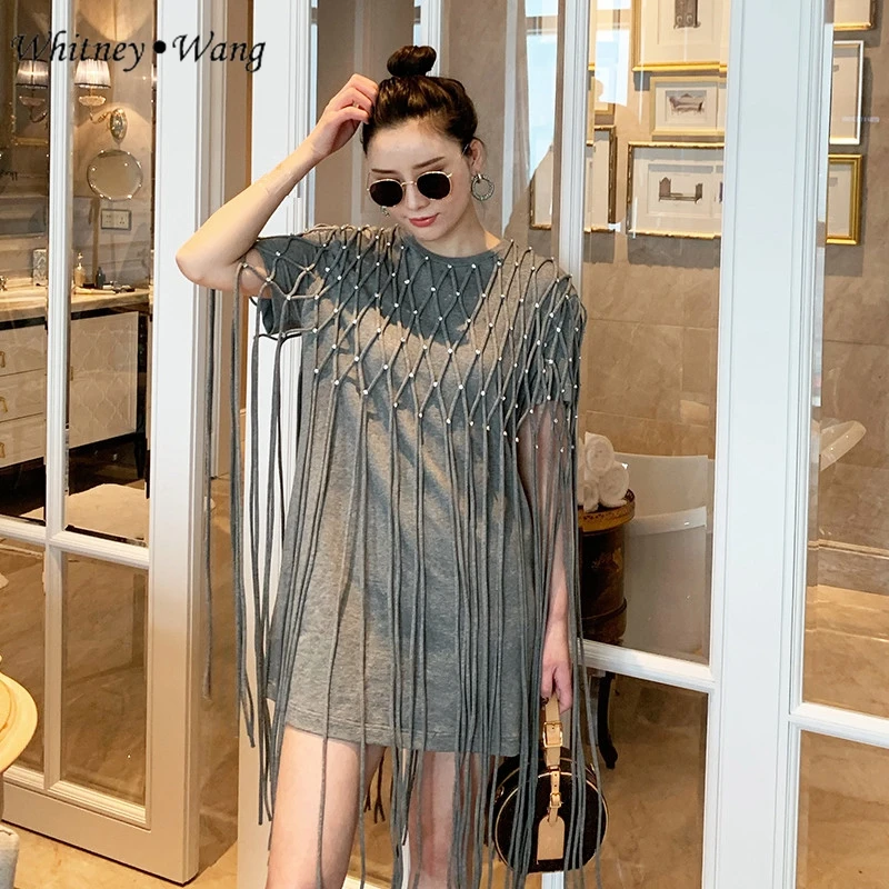 

WHITNEY WANG 2019 Summer Fashion Streetwear Diamonds Tassel t shirt women T-Shirts Tops Women's Tees