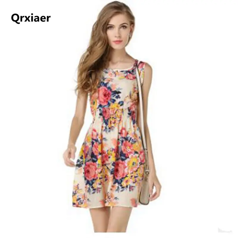 

Qrxiaer summer Beach dress Boho Round Neck Flower Grid Spaghetti Strap Natural Floral Sleeveless women Dresses