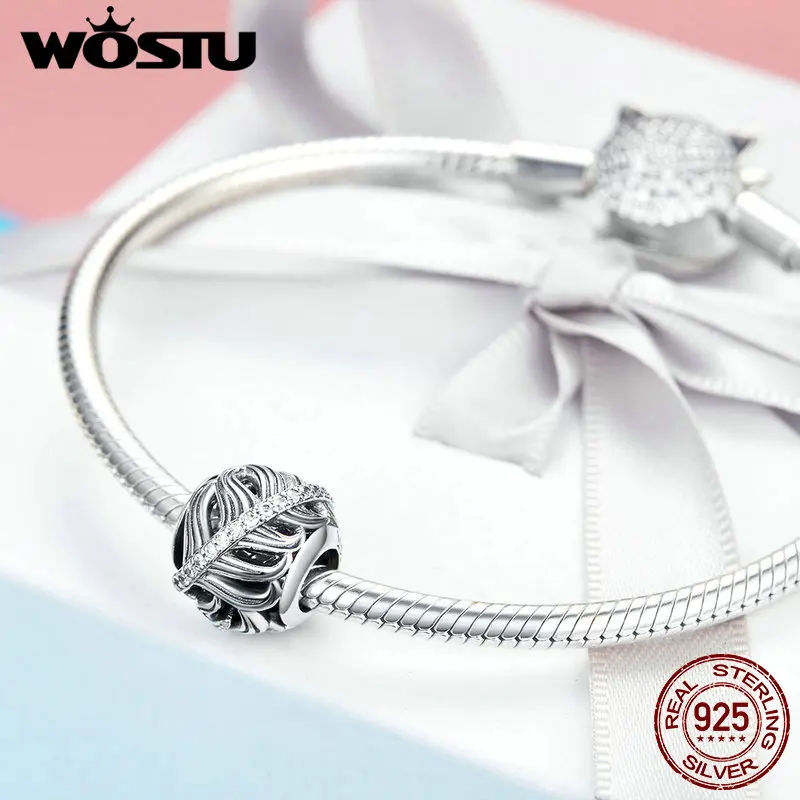 WOSTU Real 925 Sterling Silver Feathers Beads Zircon Charms Fit Bracelet Pendant Charms For Women Wedding Silver Jewelry FIC1065