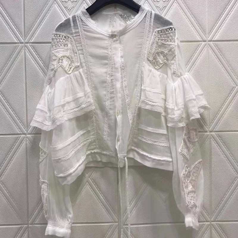 

Designer Shirts Top Quality 100% Cotton Long Style Blouse for Women Long Sleeve Elegant Lady Summer Party Shirts 2019