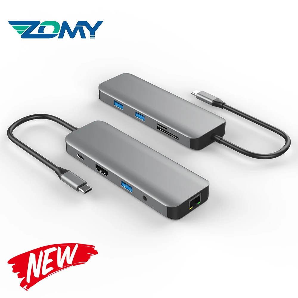 

Zomy aluminum portable Multiport hub USB-C 3.1 to HDMI+RJ45+PD+SD/TF+Audio/Mic hdd docking station 4K Video for laptop Macbook