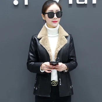 

2019 Long Fleece Women Faux Leather Jacket Solid Black Turn-down Collar Female Outwear Coat Ladies Jackets
