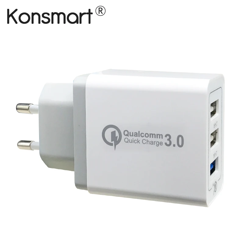 KONSMART 30W Quick Charge 3.0 3-Port USB Power Adapter Charger For iPhone Samsung Xiaomi LG Mobile Phones Euro/US Travel Charger