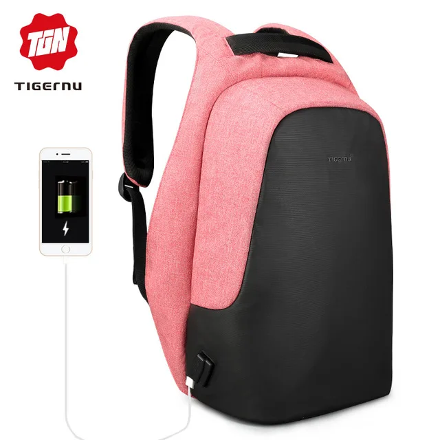 Tigernu Anti theft 15," зарядка через usb повседневный рюкзак для мужчин Путешествия непромокаемые модные школьный рюкзак женский мужской для подростков - Цвет: Pink