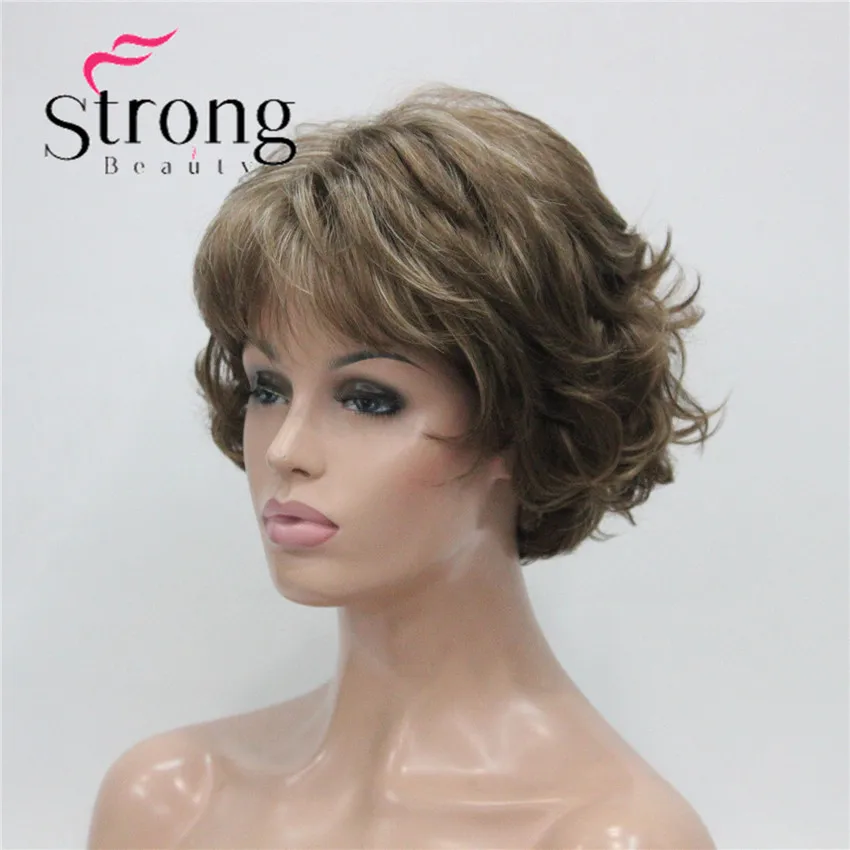 E-7125 #12TT26 New Wavy Curly Wig Light Brown Mix Blonde Short Synthetic Hair Full Women`s Wigs (2)