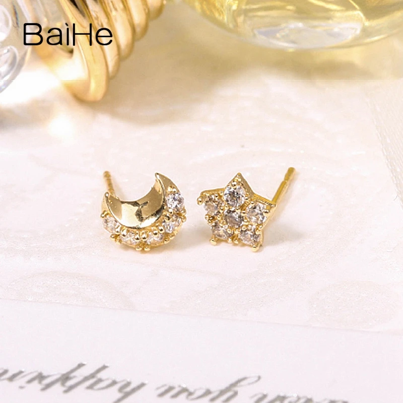 BAIHE Solid 18 К желтого золота 0.01CT H/SI круглая из натуральной бриллиантами свадебные Мода Jewelry уникальный элегантный серьги-гвоздики