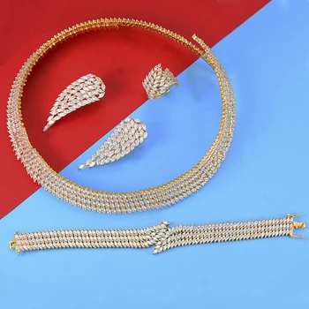 

missvikki 4 PCS Feather Shaped Cubic Zirconia Pendant Necklace Bangle Earrings Ring Jewelry Set for Women Wedding Appointment
