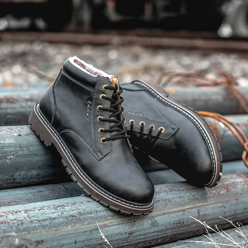 Высокое качество Натуральная кожа осенние модные мужские ботинки зимние мужские теплые ботильоны ботинки martin уличные рабочие ботинки мужская обувь