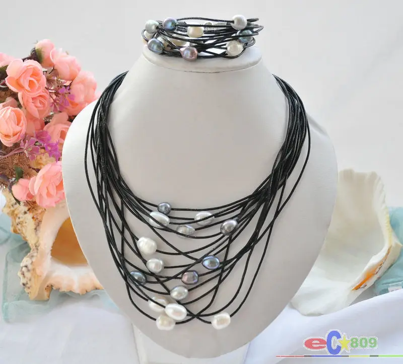 

hot sell new - wholesale 15row 13mm gray black white rice pearl black leather necklace & bracelet