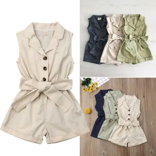 2019 New Fashion Kids Baby Girls Clothes Lovely Solid Sleeveless Bow-tie Waist Short Romper Jumpsuit Outfits Sunsuits Hot Sale